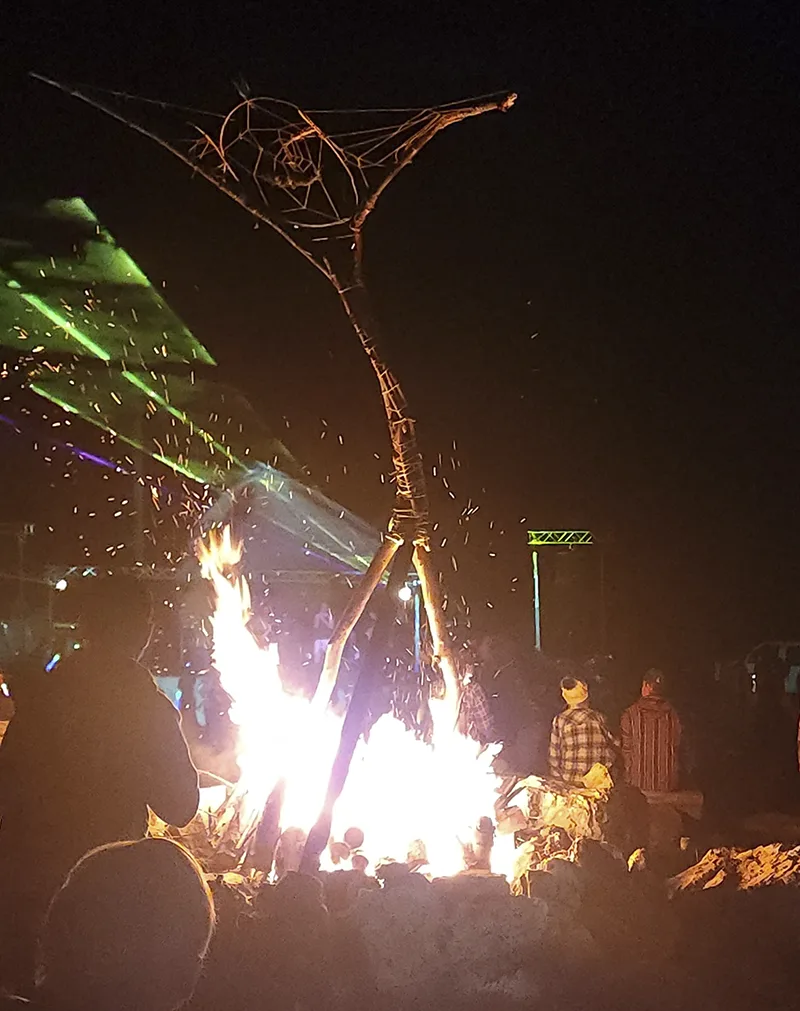 firepit-lasers-happening-2025 Bella’s Bartok live at The Happening 2025 with lasers and firepit at Harry Brown’s Farm in Starks, Maine